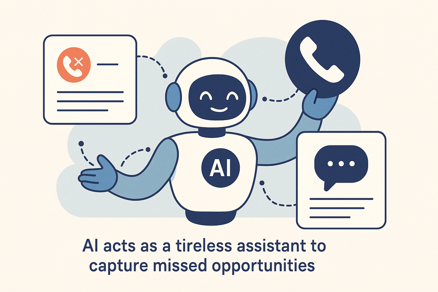 Illustration of an AI robot assistant managing missed calls and messages
